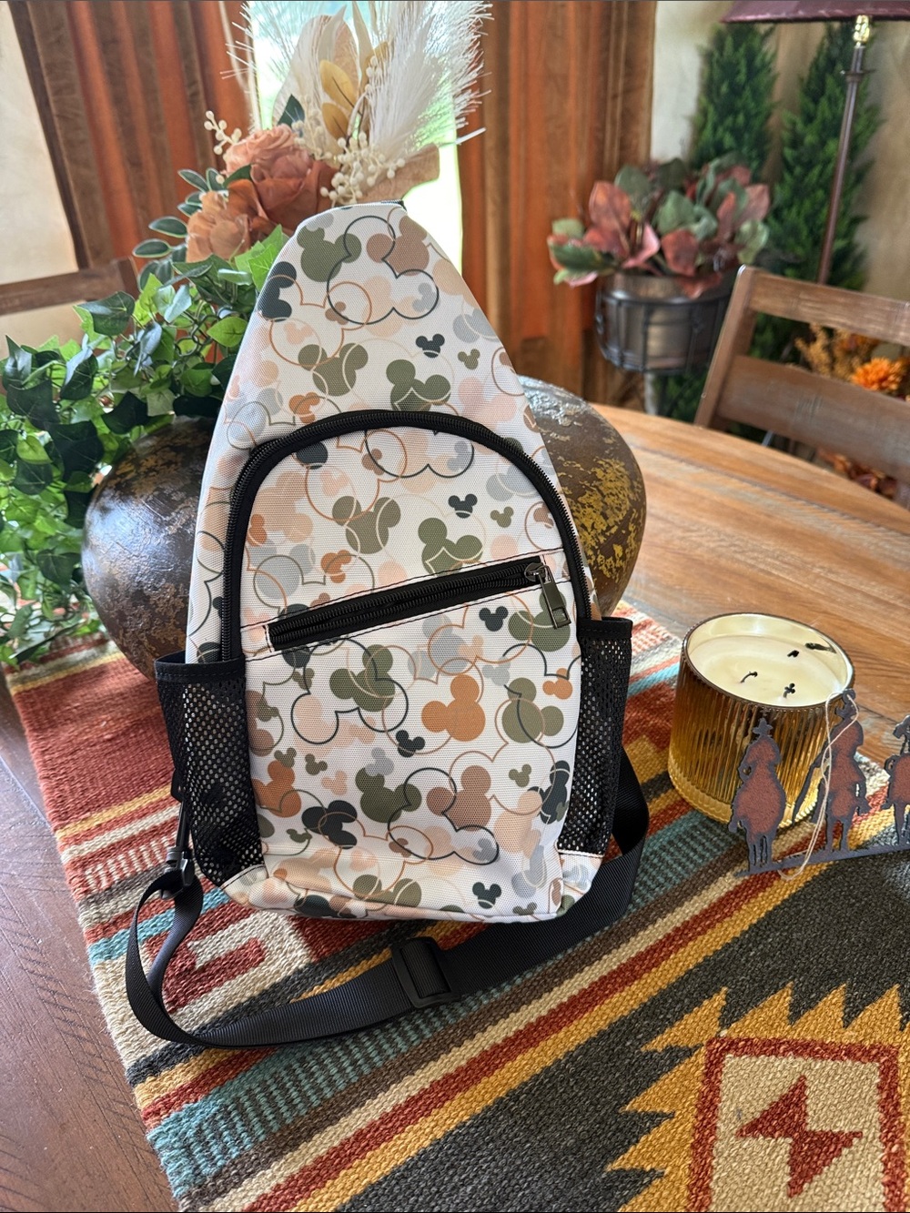 Crossbody Sling Backpack with Green & Tan Mickey Pattern